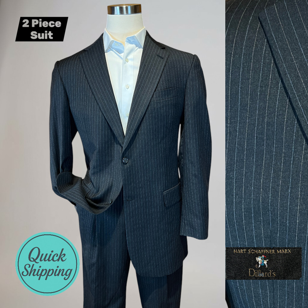 Hart Schaffner Marx 42XL 35x30 Black Subtle Blue Tan Dashed Stripe Quality Suit